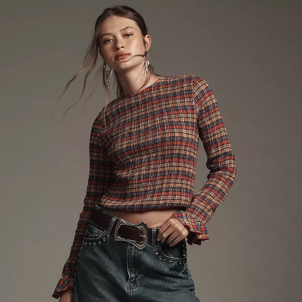 Maeve Multicolor Plaid Long-Sleeve Smocked Top
